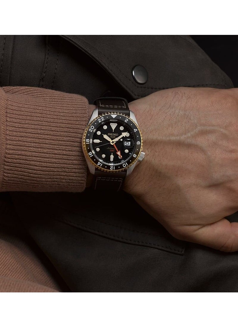 Mens 5 Sports SKX GMT Automatic Mocha Black Dial Brown Leather Strap Watch - SSK036K1