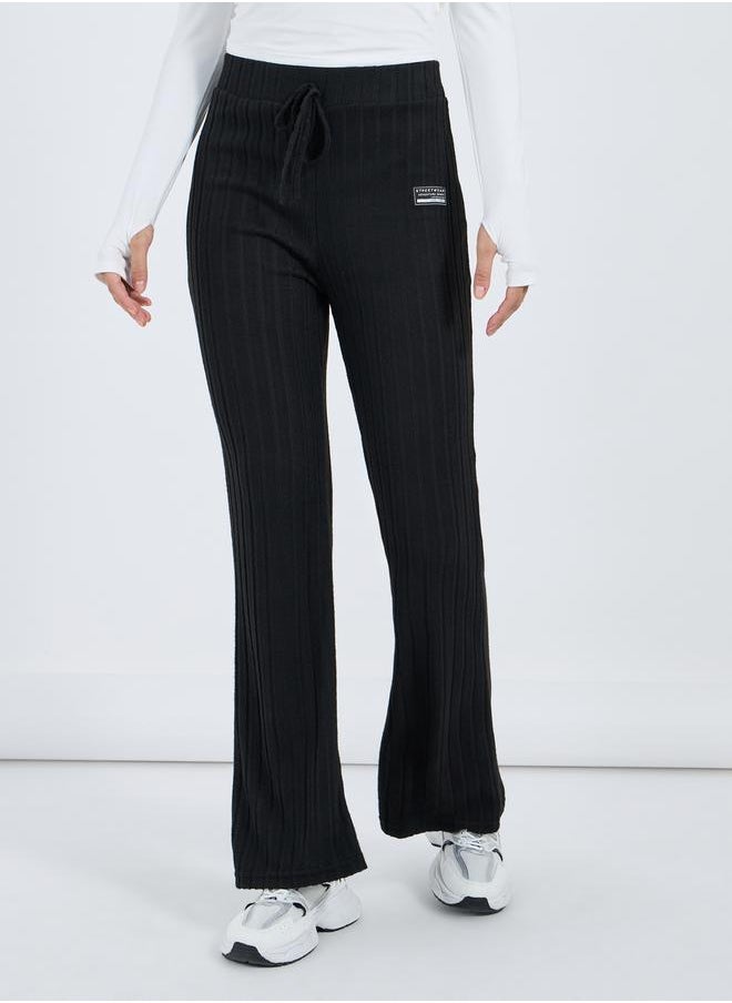 High Rise Ribbed Flared Pants with Patch Detail