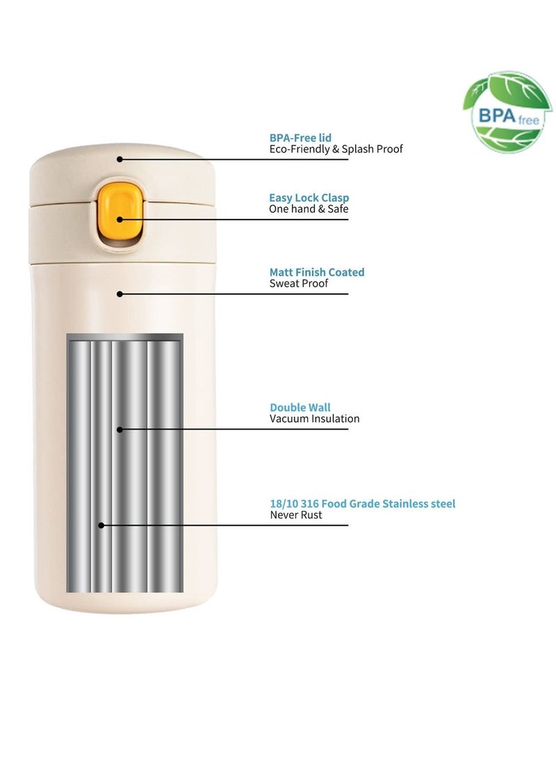 Travel Coffee Mug, Mini Insulated Water Bottle 10 oz with Spout Lid, Leak Proof Tumbler for Kids and Women Keep 12H Piping Hot 24H Cold, Eco-Friendly Reusable Cup Coffee, Tea(White)