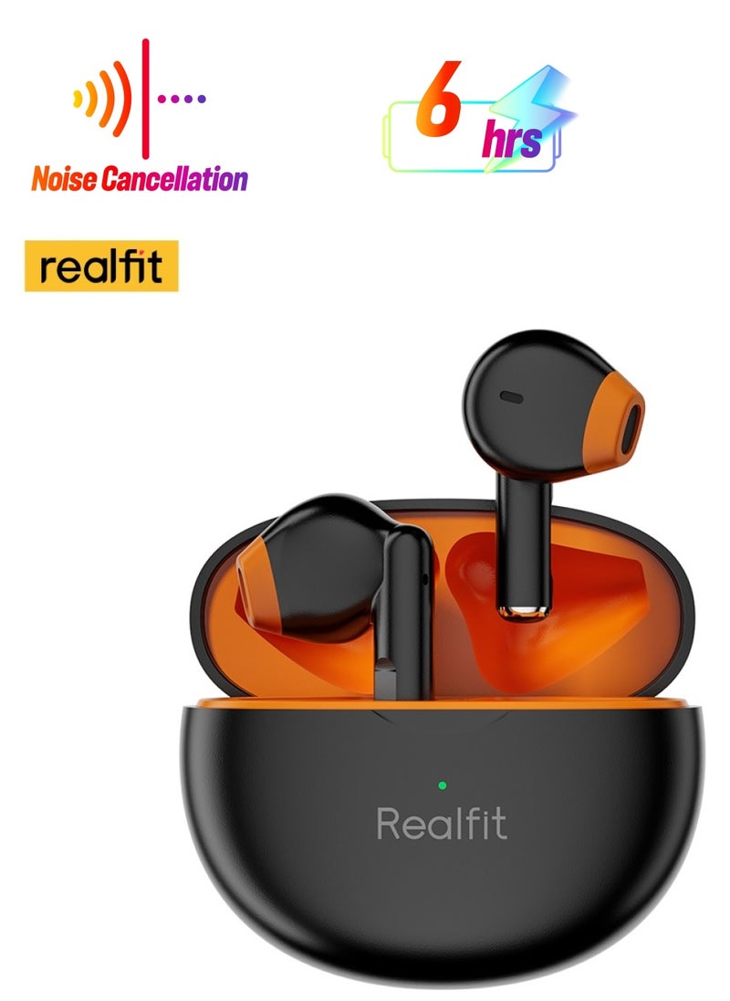 F2X Bluetooth Earphones, 13mm Drivers with Surround stereo sound True Wireless Earbuds, AI ENC Clear Calls, Black+Orange