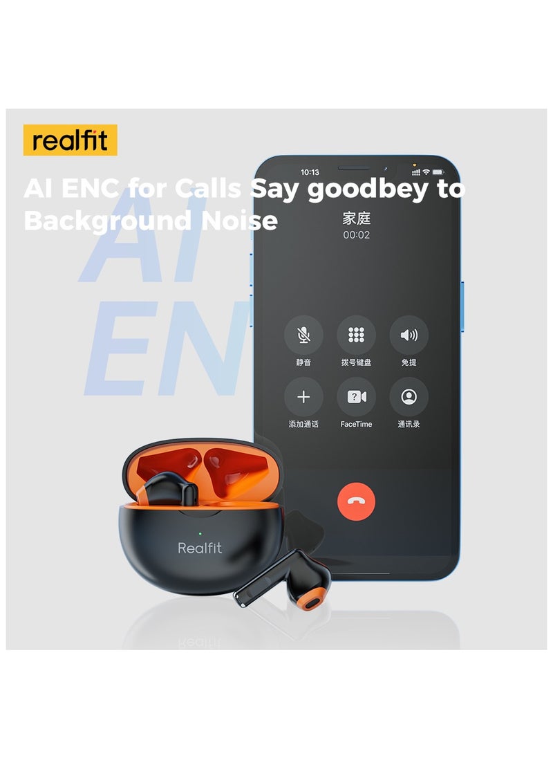 F2X Bluetooth Earphones, 13mm Drivers with Surround stereo sound True Wireless Earbuds, AI ENC Clear Calls, Black+Orange