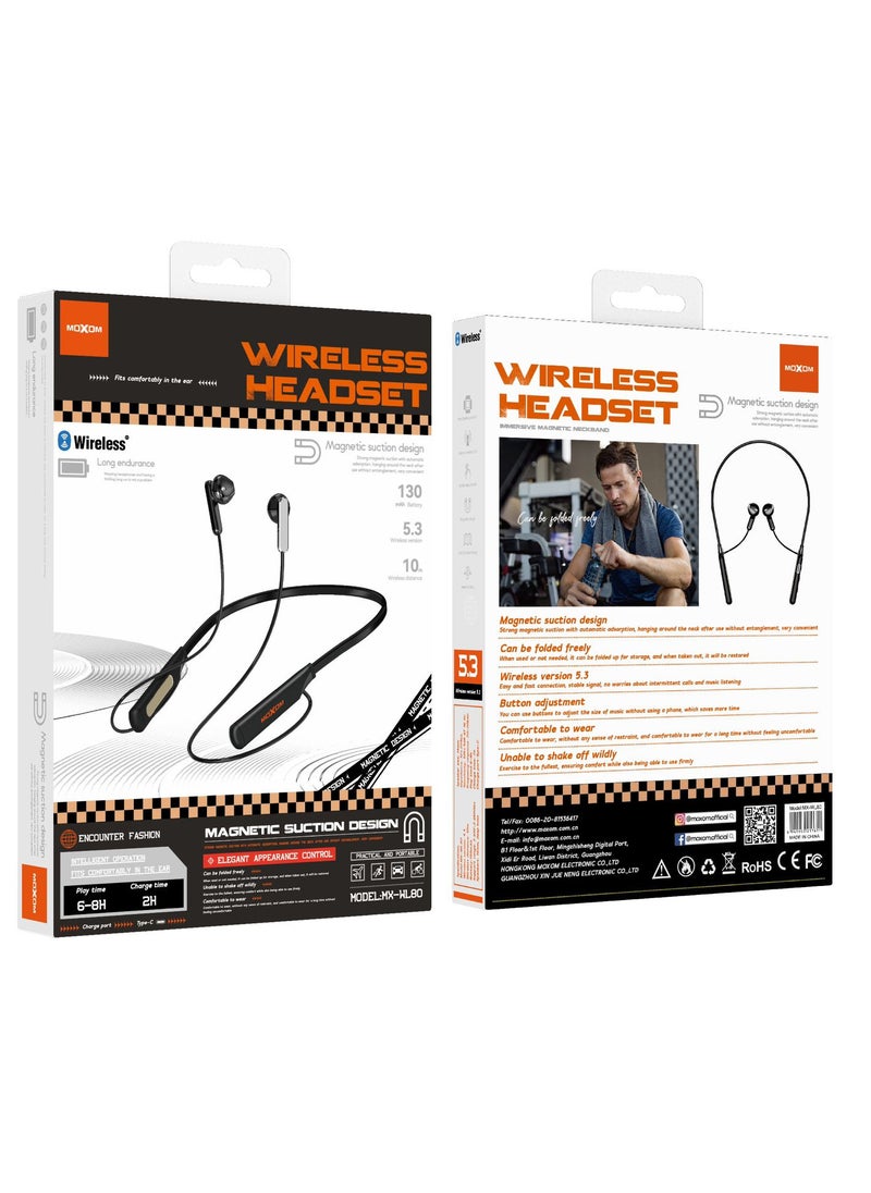 MX-WL80 Wireless Bluetooth 5.3 in Ear Neckband with Magnetic Suction Design Earphones with Mic