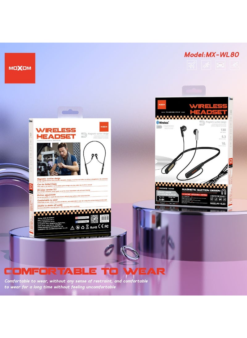 MX-WL80 Wireless Bluetooth 5.3 in Ear Neckband with Magnetic Suction Design Earphones with Mic
