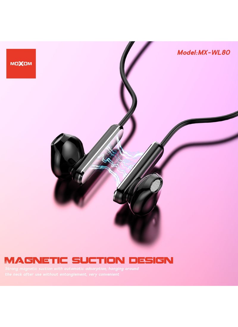 MX-WL80 Wireless Bluetooth 5.3 in Ear Neckband with Magnetic Suction Design Earphones with Mic