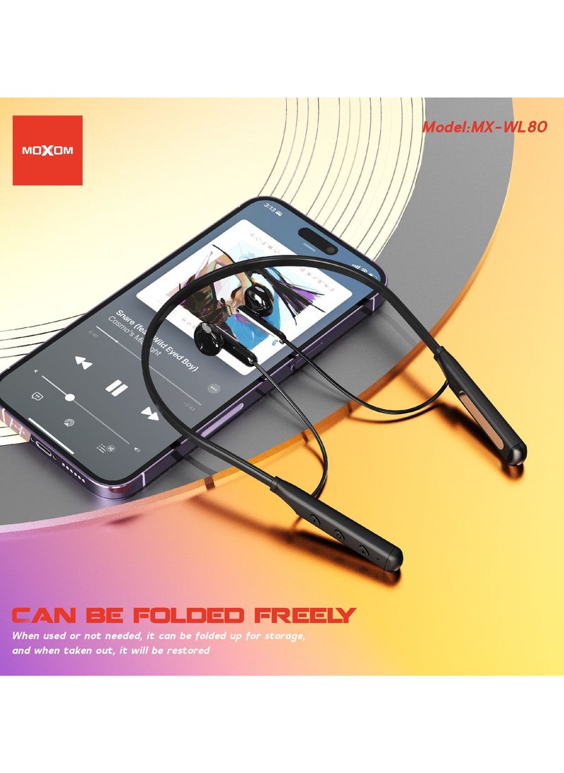 MX-WL80 Wireless Bluetooth 5.3 in Ear Neckband with Magnetic Suction Design Earphones with Mic