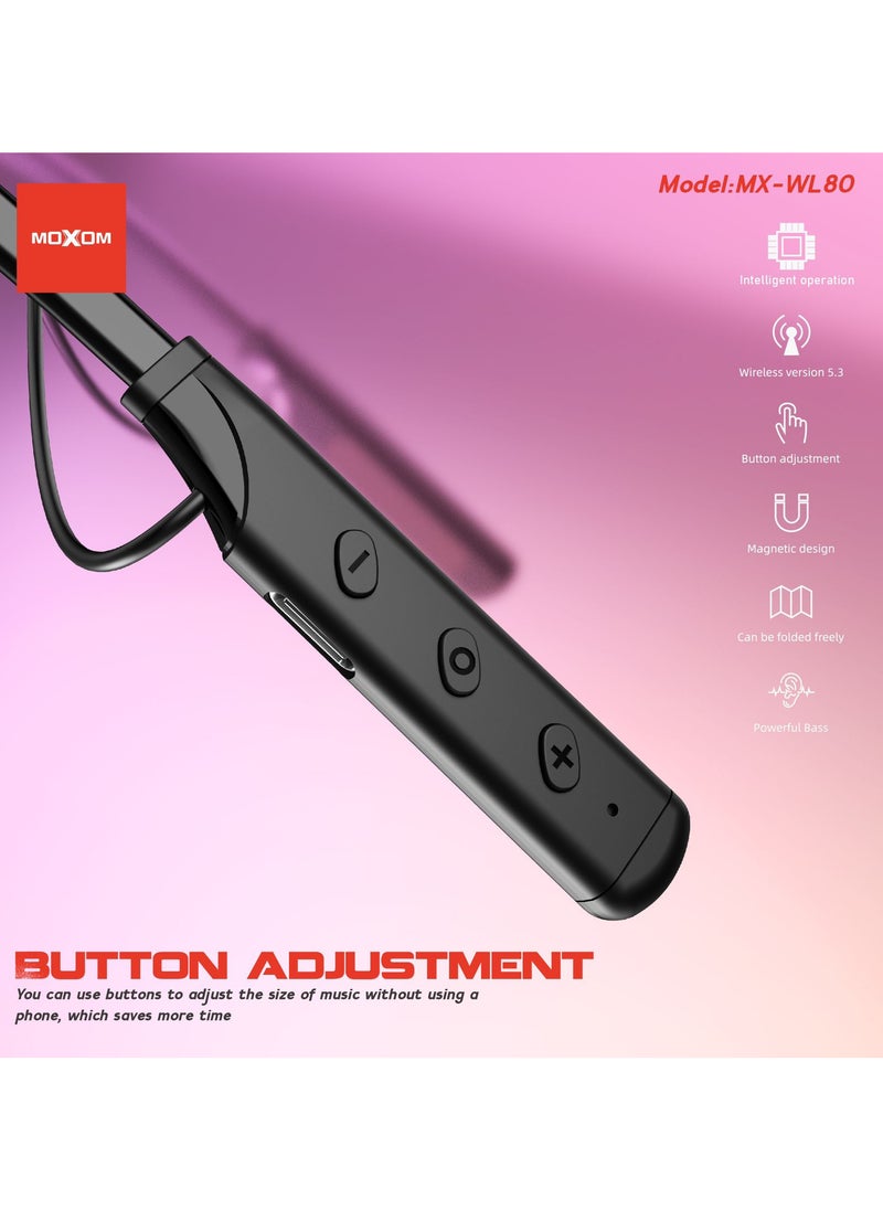 MX-WL80 Wireless Bluetooth 5.3 in Ear Neckband with Magnetic Suction Design Earphones with Mic