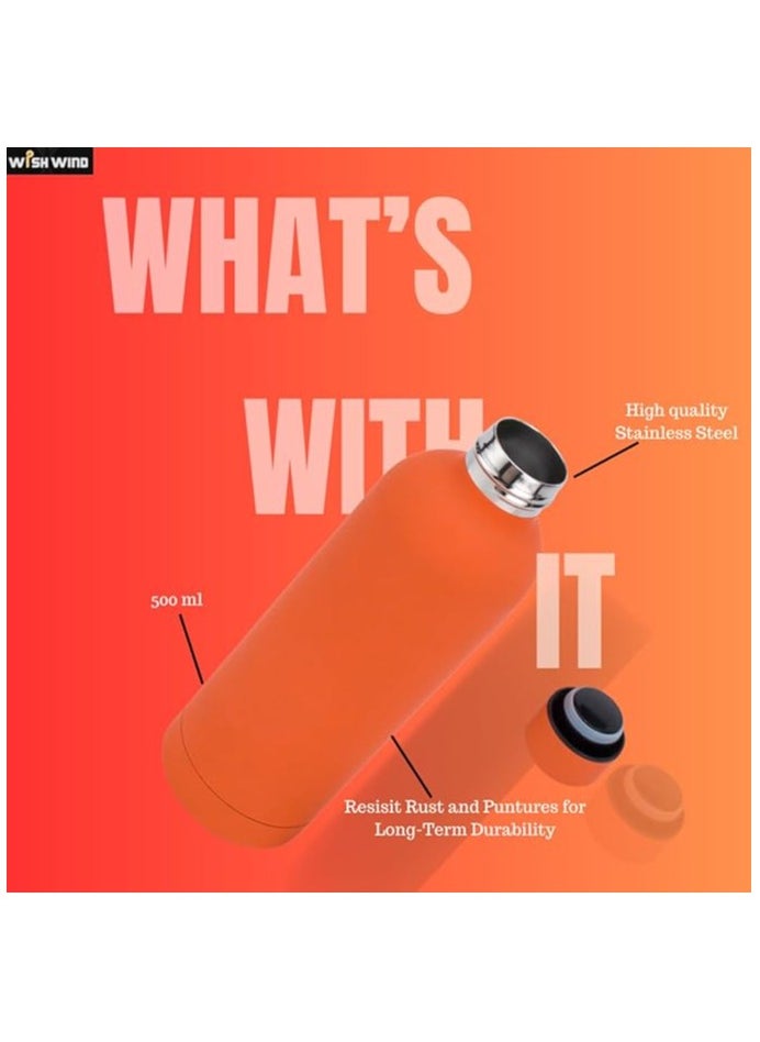 Premium Orange Thermos Bottle – 500 ml Double-Walled Vacuum Insulated, 12 Hours Hot & 24 Hours Cold, Leak-Proof Design for Sports, Gym, Tea, Coffee, and Herbal Drinks
