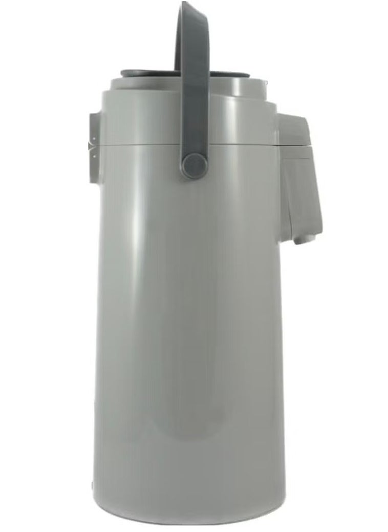This premium 3L Tea & Coffee Vacuum Flask with Pump features an insulated double wall glass interior for excellent heat retention, keeping beverages hot or cold for hours, with a convenient handle for portability and a fine grey finish for a stylish touch.
