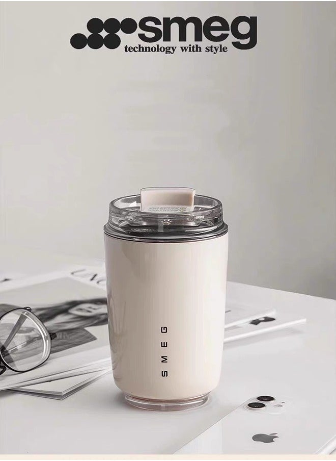 Smeg Travel Coffee Mug, 320ml Insulated Beverage Cup With Leakproof Lid, Long Lasting Coffee Tumbler With Lid And Straw, Travel Coffee Thermos （White）