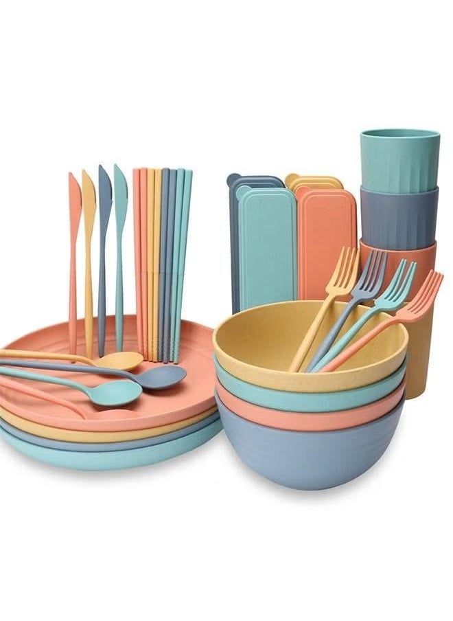 32 Pcs Wheat-Straw Dinnerware Set Multicolor Dinner Plates Cereal Bowls, Cups, Unbreakable Camping Dishes Service For 4 people Multicolor 22.5 cm