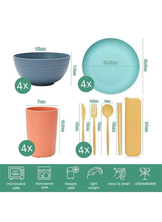 32 Pcs Wheat-Straw Dinnerware Set Multicolor Dinner Plates Cereal Bowls, Cups, Unbreakable Camping Dishes Service For 4 people Multicolor 22.5 cm