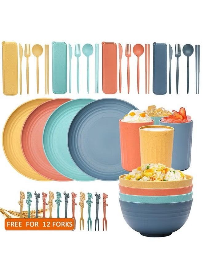 32 Pcs Wheat-Straw Dinnerware Set Multicolor Dinner Plates Cereal Bowls, Cups, Unbreakable Camping Dishes Service For 4 people Multicolor 22.5 cm