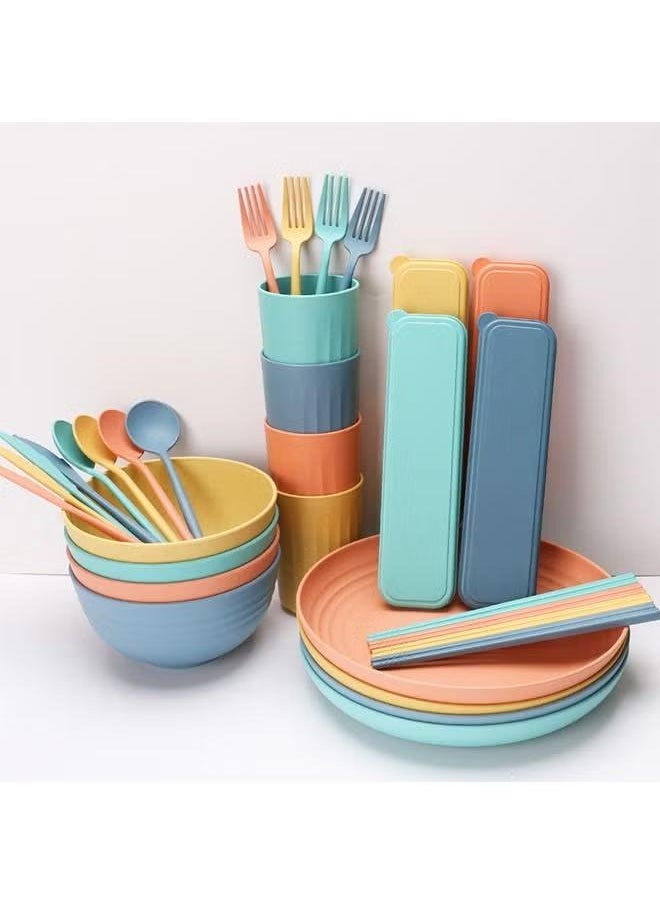 32 Pcs Wheat-Straw Dinnerware Set Multicolor Dinner Plates Cereal Bowls, Cups, Unbreakable Camping Dishes Service For 4 people Multicolor 22.5 cm