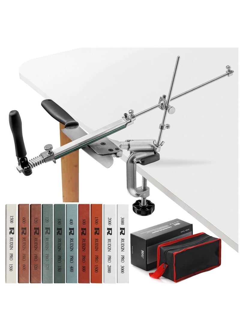 Professional Knife Sharpener with 10 Whetstones, 360° Rotation Flip Design Fixed-Angle Stainless Steel Kitchen Chef Knife Sharpening Kit Abrasive Holding System Tools
