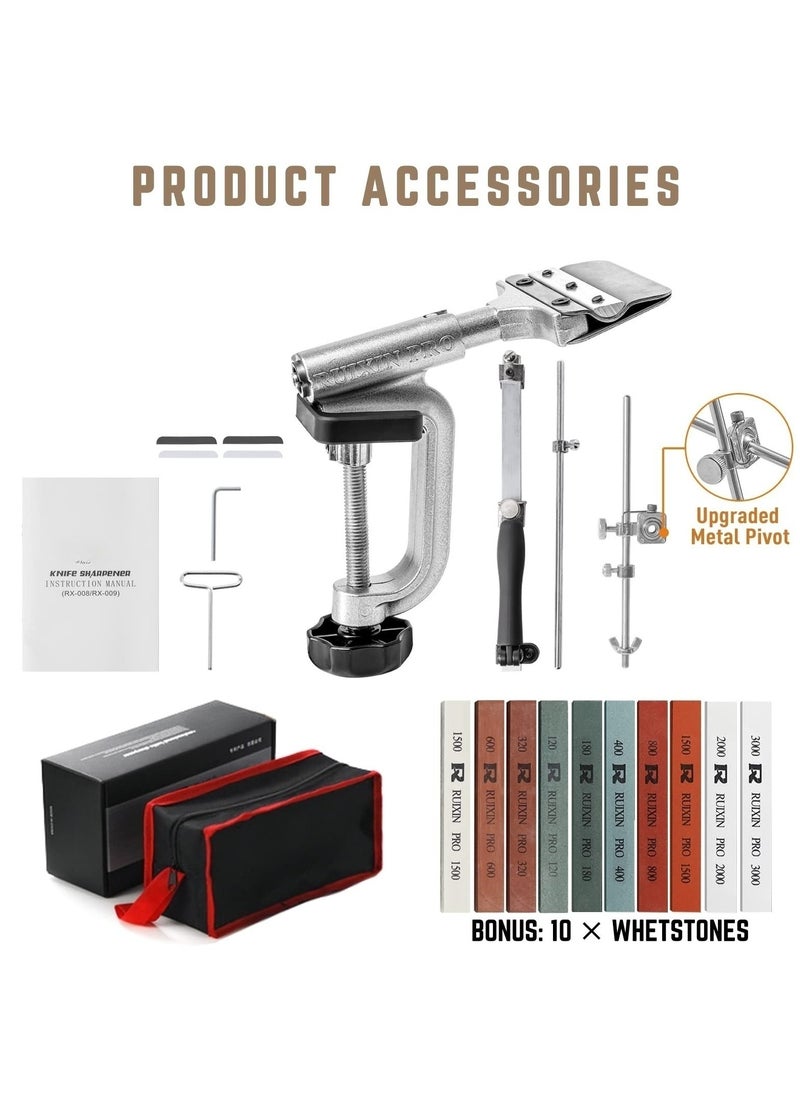 Professional Knife Sharpener with 10 Whetstones, 360° Rotation Flip Design Fixed-Angle Stainless Steel Kitchen Chef Knife Sharpening Kit Abrasive Holding System Tools