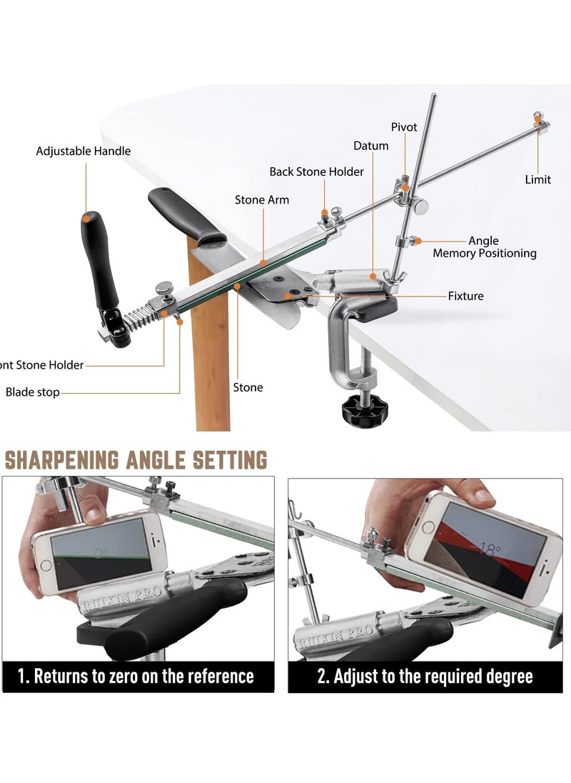Professional Knife Sharpener with 10 Whetstones, 360° Rotation Flip Design Fixed-Angle Stainless Steel Kitchen Chef Knife Sharpening Kit Abrasive Holding System Tools