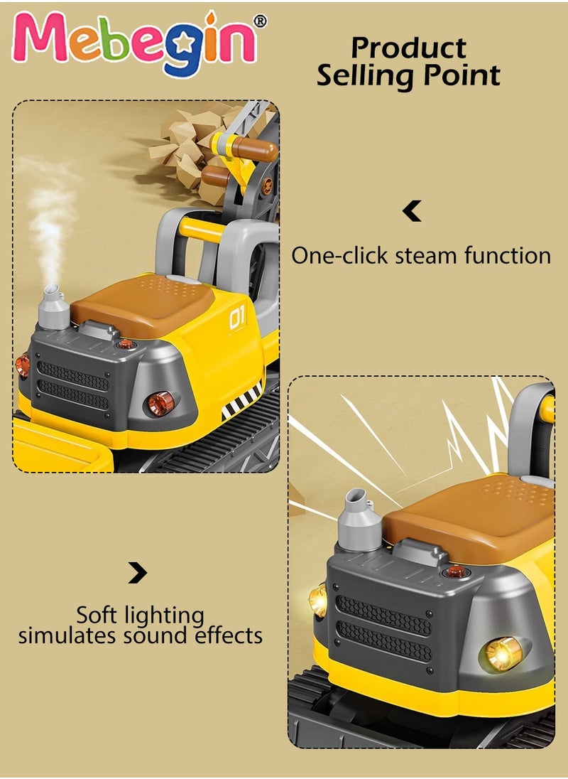 Multifunctional Steam Excavator Ride On Toy, Construction Toys with Real Working Parts with Sound Lights, Sturdy Plastic Construction, Ideal Sand Beach Toy for Boys, Pretend Play Sliding Tractor