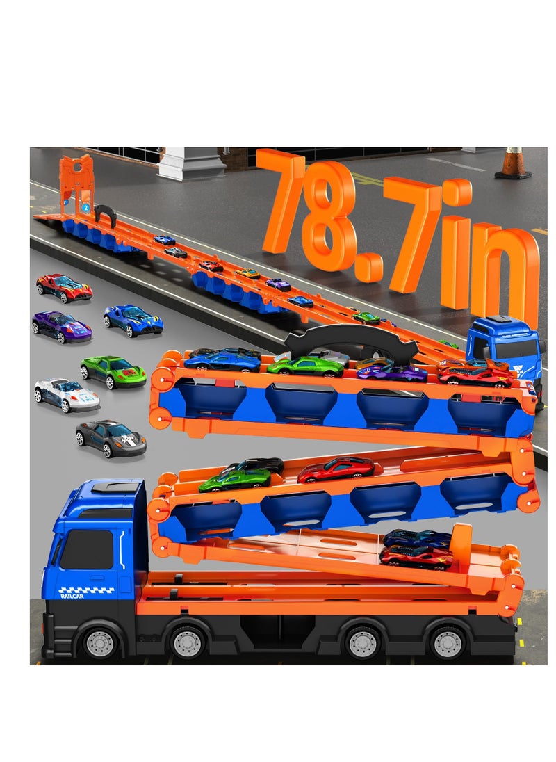 Race Cars Track Truck Toys for Boys 2-7 Years Old, 78.7-inch Transport Carrier Trucks, Foldable Track Storage, die-cast Cars, for Toddlers & Kids