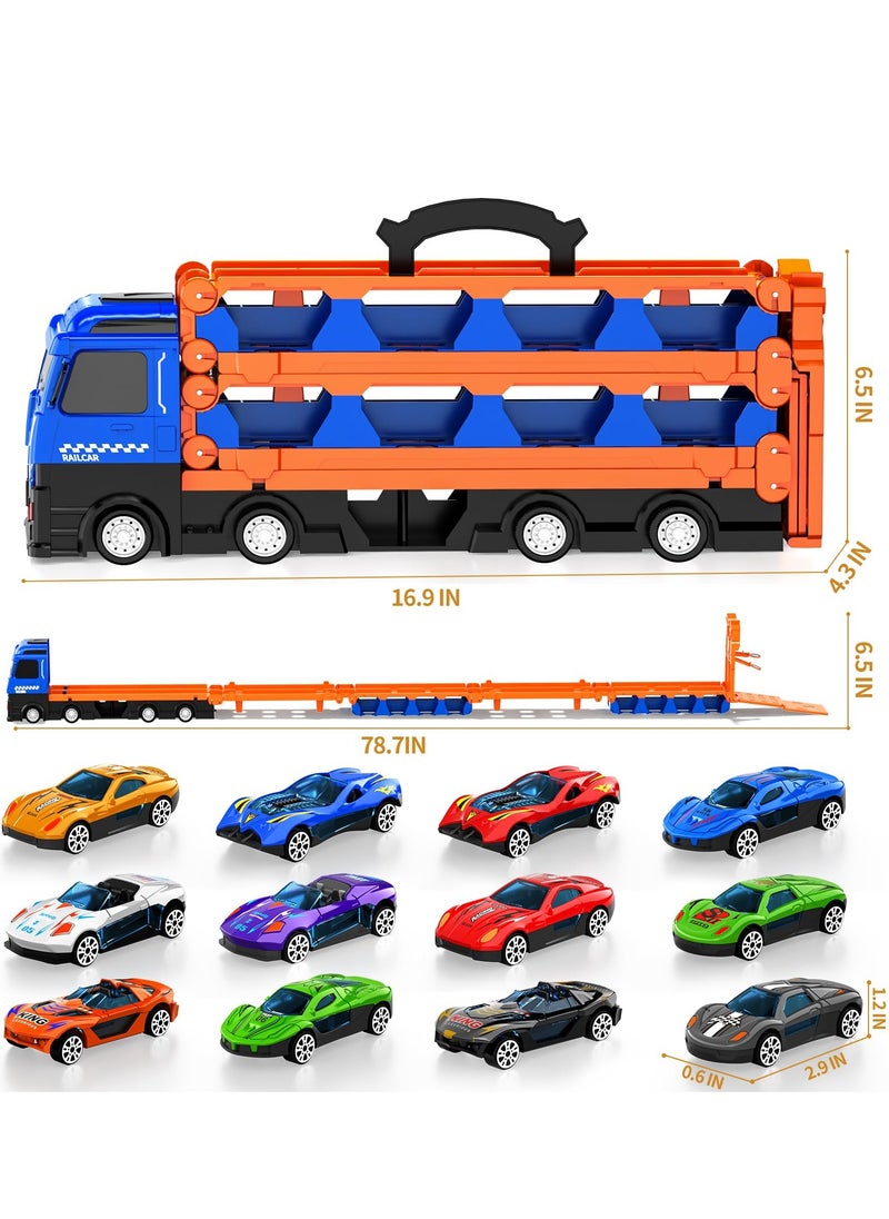 Race Cars Track Truck Toys for Boys 2-7 Years Old, 78.7-inch Transport Carrier Trucks, Foldable Track Storage, die-cast Cars, for Toddlers & Kids