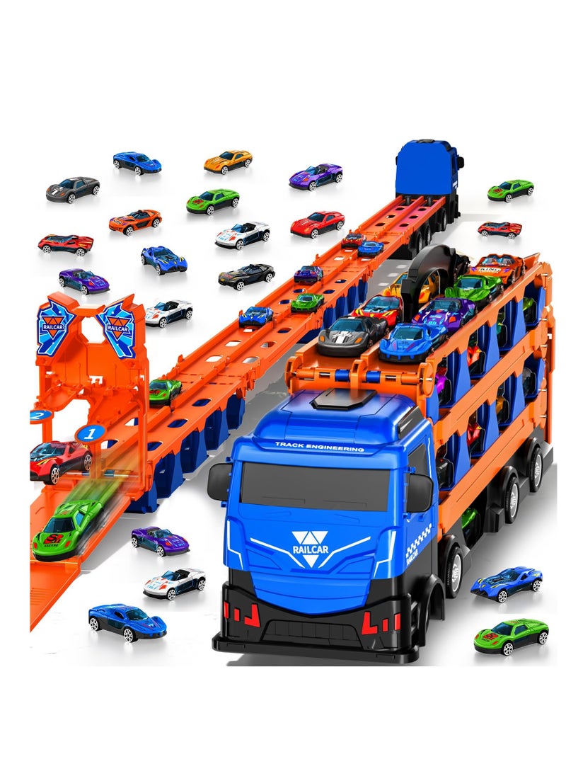 Race Cars Track Truck Toys for Boys 2-7 Years Old, 78.7-inch Transport Carrier Trucks, Foldable Track Storage, die-cast Cars, for Toddlers & Kids