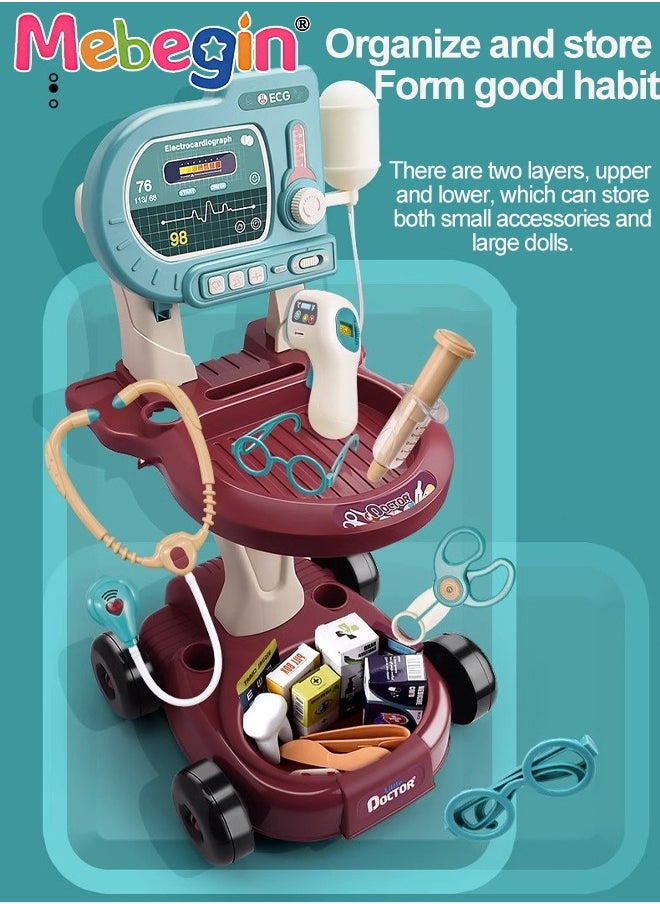 24 Pcs Doctor Playset Pretend Toys Medical Kit Toy Cart with Stethoscope and Toy Accessorie Mobile Cart Toy Medical Kit for Kids Role Play Gift For Toddlers