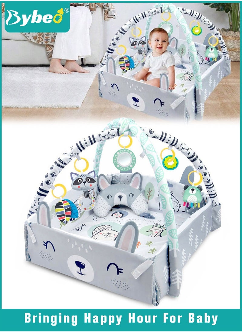 4-in-1 Baby Gym Play Mat, Tummy Time Mat  Activity Gym, Foldable Infant Play Mat from Newborn to Toddler, Baby Activity Center with Detachable Toys for Sensory Development, Easy to Clean