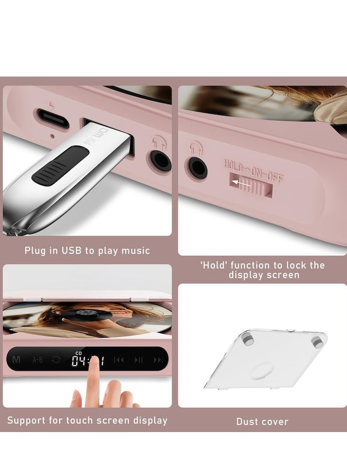 Portable CD Player, Bluetooth, with headphones, rechargeable, Desktop CD Player with LCD Touch Screen, shockproof mode, Rechargable Personal CD Players for Car, pink