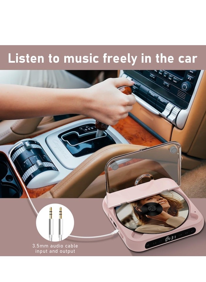 Portable CD Player, Bluetooth, with headphones, rechargeable, Desktop CD Player with LCD Touch Screen, shockproof mode, Rechargable Personal CD Players for Car, pink