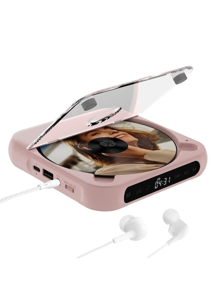 Portable CD Player, Bluetooth, with headphones, rechargeable, Desktop CD Player with LCD Touch Screen, shockproof mode, Rechargable Personal CD Players for Car, pink