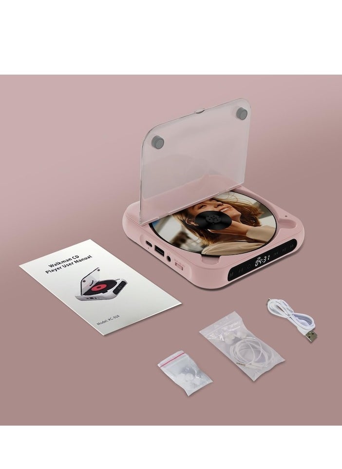 Portable CD Player, Bluetooth, with headphones, rechargeable, Desktop CD Player with LCD Touch Screen, shockproof mode, Rechargable Personal CD Players for Car, pink