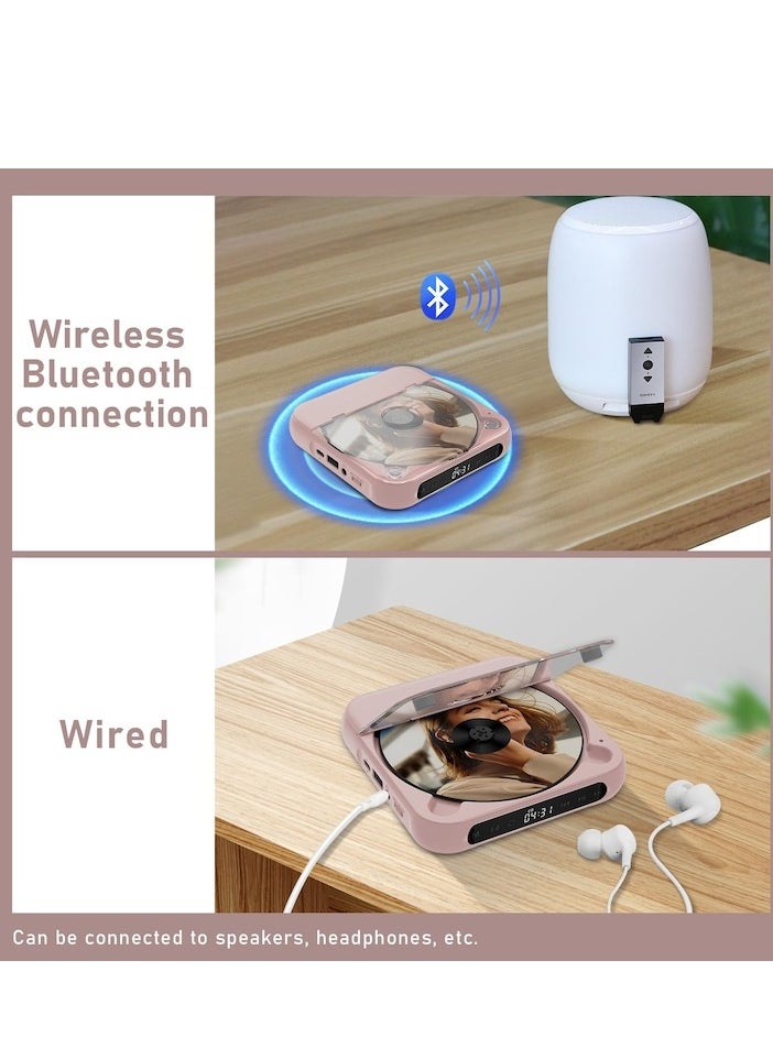 Portable CD Player, Bluetooth, with headphones, rechargeable, Desktop CD Player with LCD Touch Screen, shockproof mode, Rechargable Personal CD Players for Car, pink