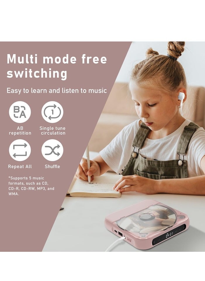 Portable CD Player, Bluetooth, with headphones, rechargeable, Desktop CD Player with LCD Touch Screen, shockproof mode, Rechargable Personal CD Players for Car, pink
