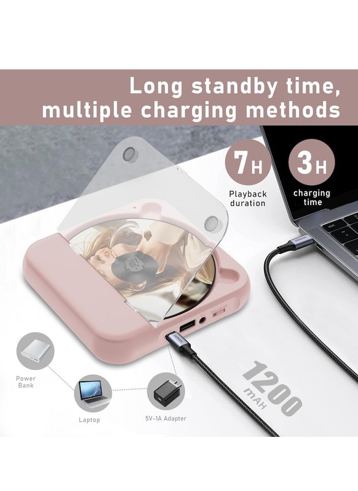 Portable CD Player, Bluetooth, with headphones, rechargeable, Desktop CD Player with LCD Touch Screen, shockproof mode, Rechargable Personal CD Players for Car, pink