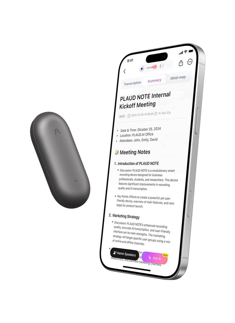Plaud NotePin Wearable AI Voice Recorder, App Control, Transcribe & Summarize Empowered by ChatGPT (Device Only)
