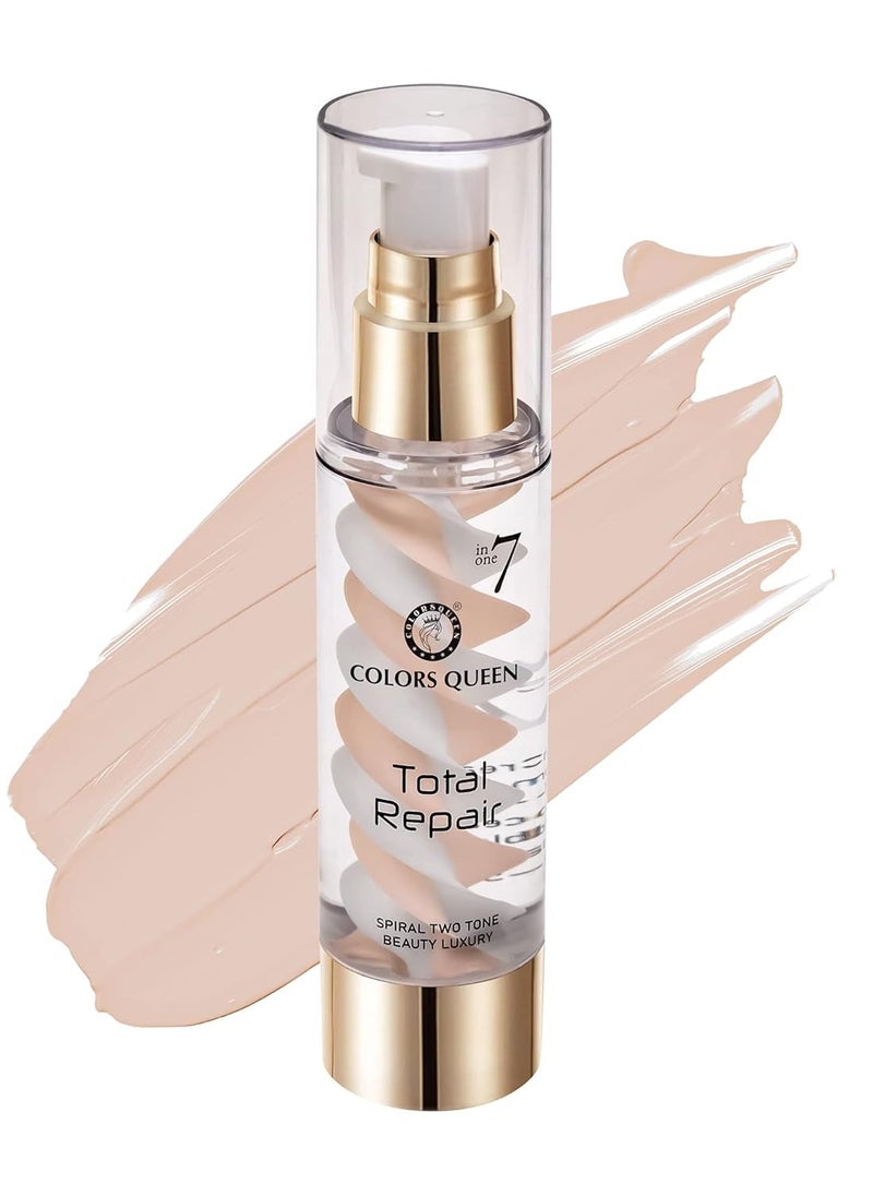 7 in 1 Total Repair Liquid Foundation Full Coverage Oil Free Primer Concealer Moisturizer CC Cream Smooth Radiant Skin Face Makeup 02 - Beige 50g