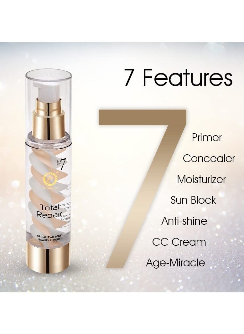 7 in 1 Total Repair Liquid Foundation Full Coverage Oil Free Primer Concealer Moisturizer CC Cream Smooth Radiant Skin Face Makeup 02 - Beige 50g