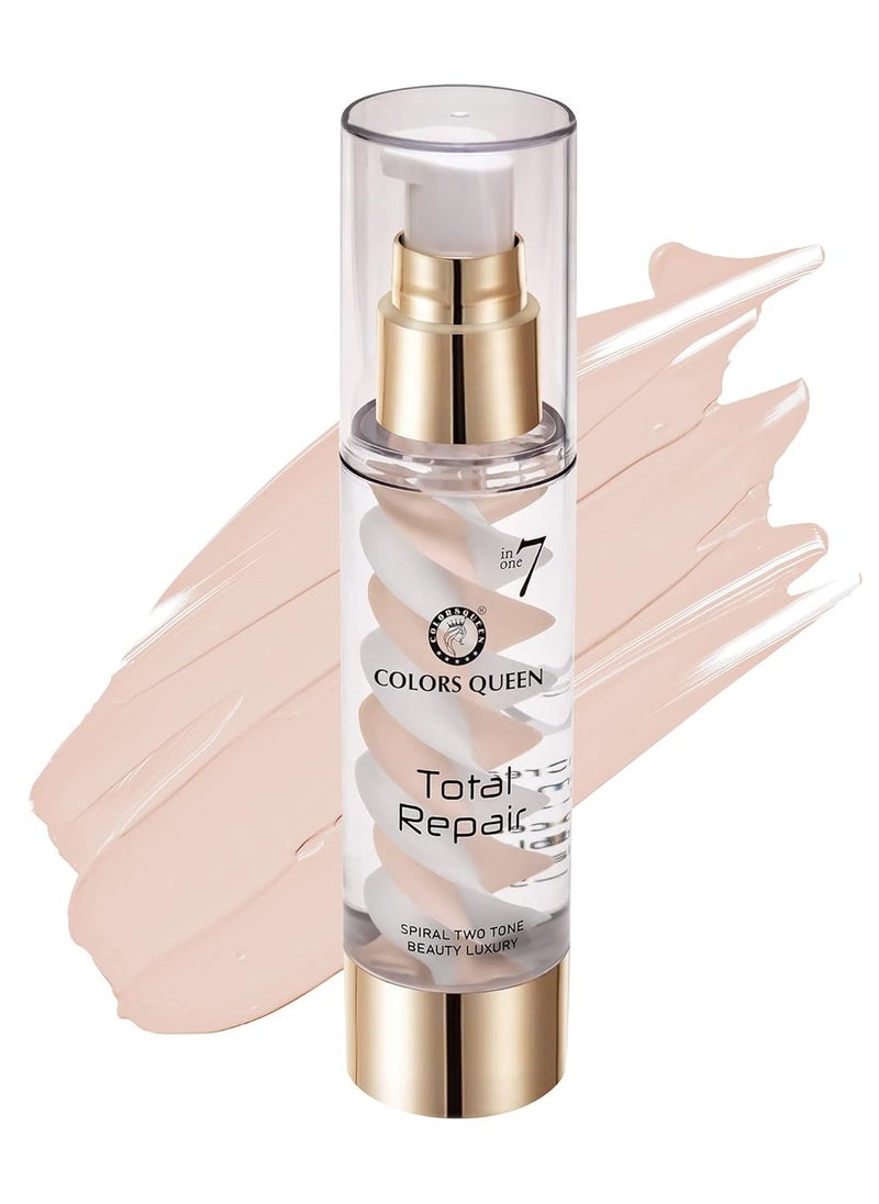 7 in 1 Total Repair Liquid Foundation Full Coverage Oil Free Primer Concealer Moisturizer CC Cream Smooth Radiant Skin Face Makeup 01 Ivory 50g