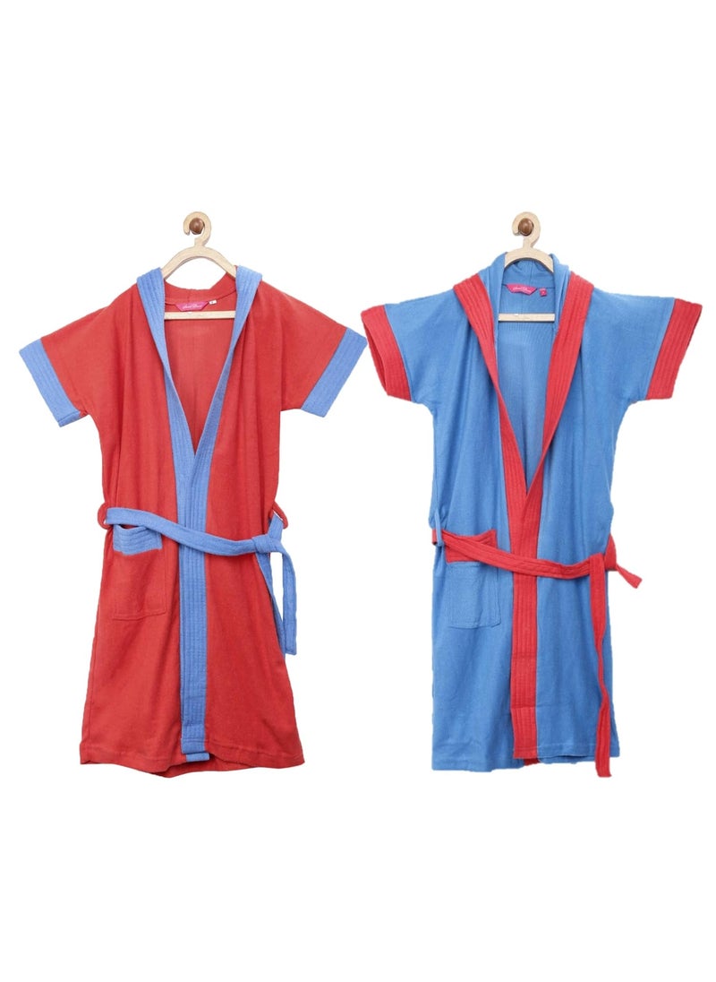 Sanddune Girls and Boys Terry Cotton Hooded Bathrobe with Half Sleeves Knee Length Pocket with Waist BeltCombo of 2 Pieces Multicolour 1213 Years