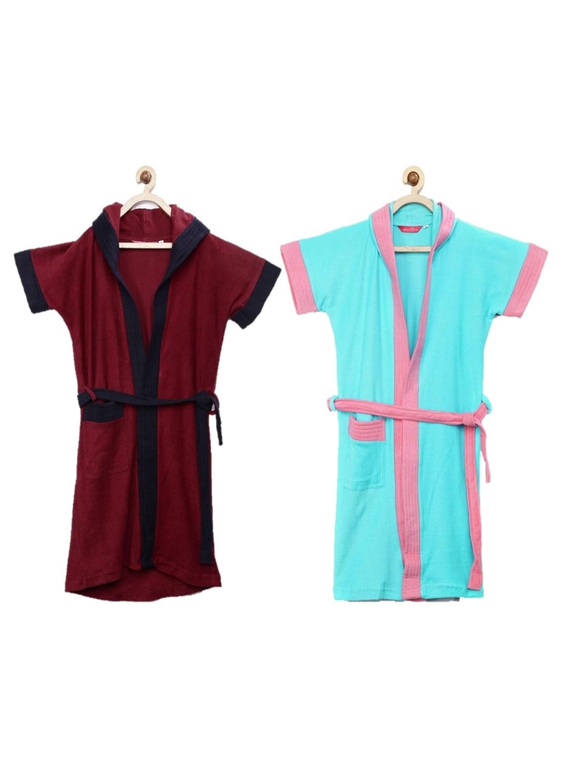 Sanddune Boys Terry Cotton Half Sleeves Knee Length Pocket Hooded Bathrobe Gown with Waist Belt with Border Red and Sky Blue 1213 Years Set of 2
