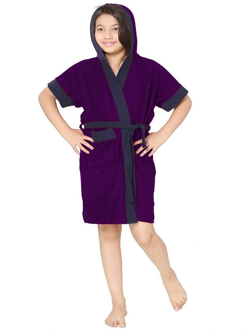 ELEVANTO Collection Half Sleeve Soft Terry Cotton BathrobePURPLENAVYM