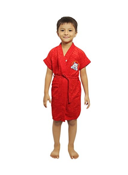FeelBlue Premium Micro Terry Half Sleeve Kids Unisex Bathrobe with Front Pocket Red