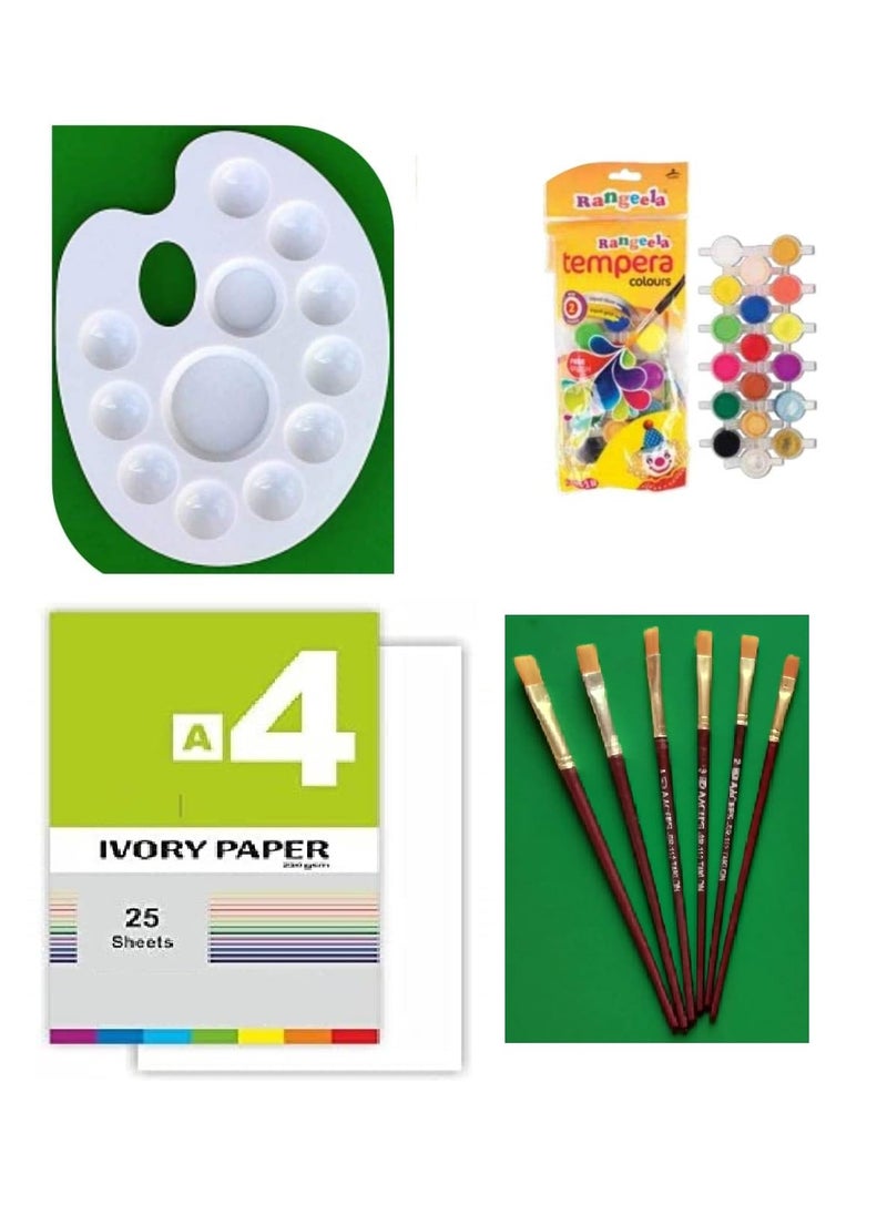 FIRST CLICK Art 12 Wells 301 Palette Rangeela Student Water Color 18 Shades Set of Flat Brushes A4 Drawing Ivory Paper 210 GSM 25 Sheets