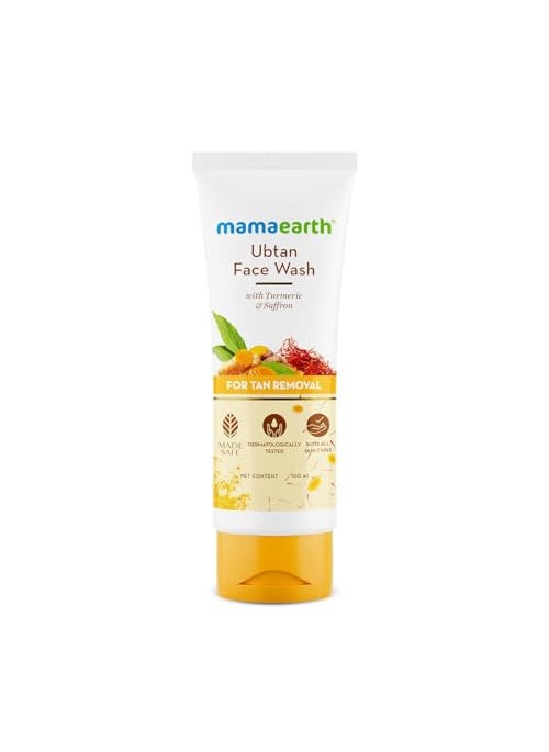Mamaearth Ubtan De Tan Face Wash | Helps Reduce Tanning & Sun Damage | Gently Cleanses Dirt & Excess Oil | Enriched with Turmeric & Saffron | 3.38 Fl Oz (100ml)