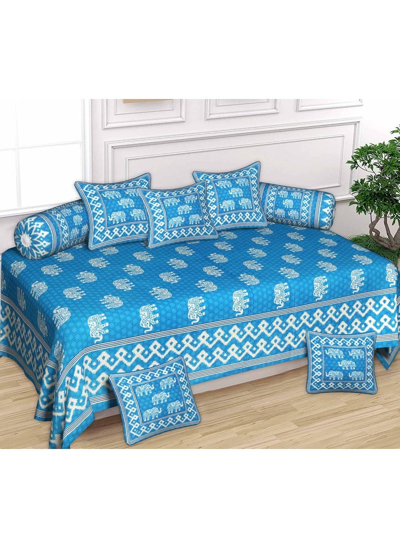 SkyKross Everyday A New Thing Maharaja Special Hathi Pure Cotton DiwanSet5 Cushion Cover2 Bolster Cover1 Bedsheet SkyBlue