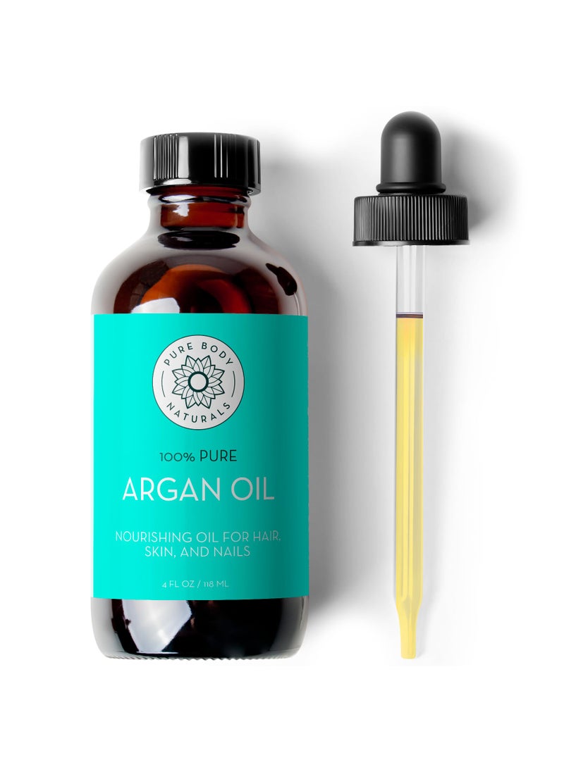 Pure Body Naturals Argan Oil for Skin and Face, 4 fl oz - Cold Pressed, Light, Pure Argan Oil for Hair - Aceite de Argan