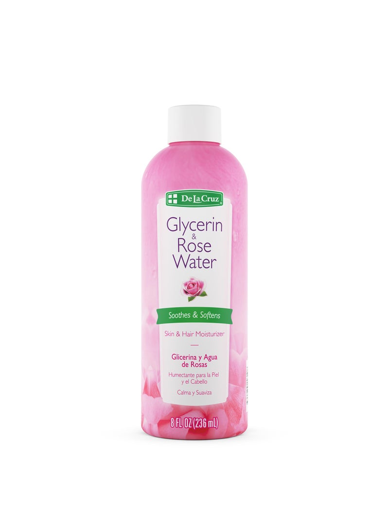 De La Cruz Rose Water and Glycerin for Face - Rosewater Facial Toner and Moisturizer for Skin and Hair 8 fl oz. (236 mL) - 1 Bottle