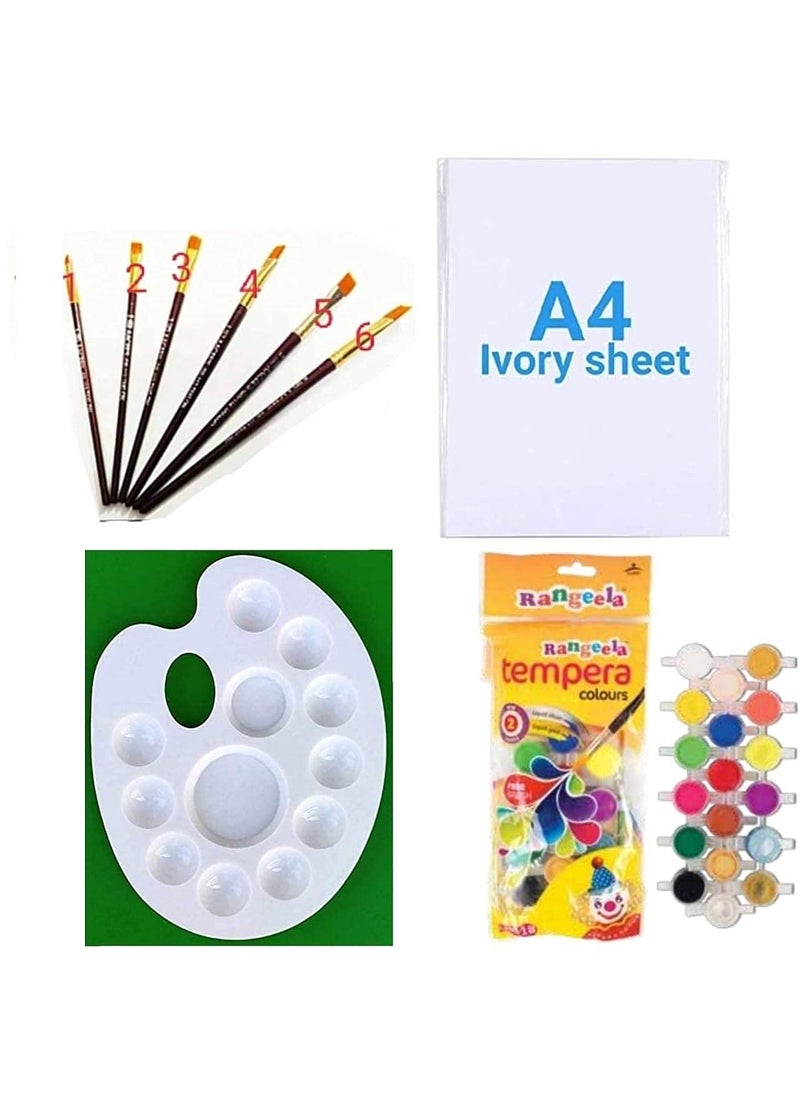 FIRST CLICK Art 12 Wells 301 Palette Pidilite Rangeela Student Tempera Color 18 Shades Set of Flat Brushes A4 Drawing Ivory Paper 210 GSM 25 Sheets