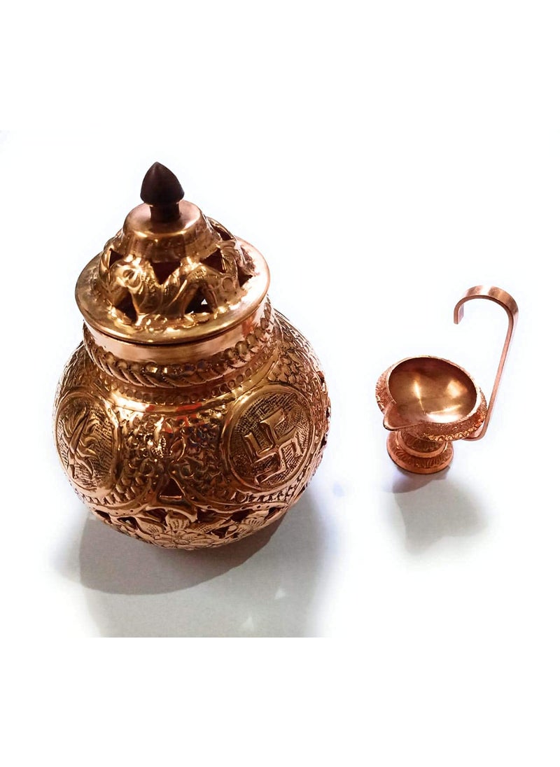 BRUSHFINCH Navratri Garbo Navratri Garba Hindu Goddess Om Swastik Pure Coppered Nakshidar Design Garbo Aarti Pot with Metal Handle Diya1 pc