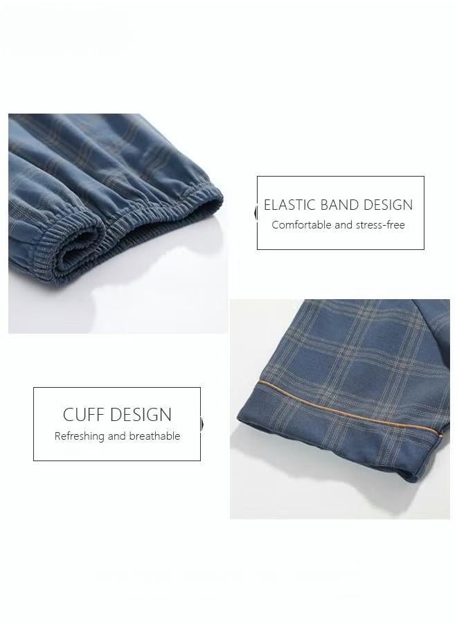 Men's cotton short-sleeve set, long pants suit, fashionable pajamas, men's summer large size loose summer light and comfortable leisure home clothes, blue