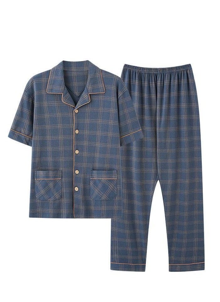 Men's cotton short-sleeve set, long pants suit, fashionable pajamas, men's summer large size loose summer light and comfortable leisure home clothes, blue